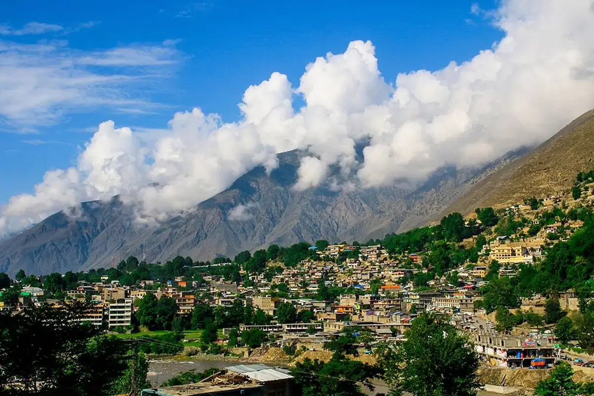 Chitral town and the Chitral river with the bazaar and fort