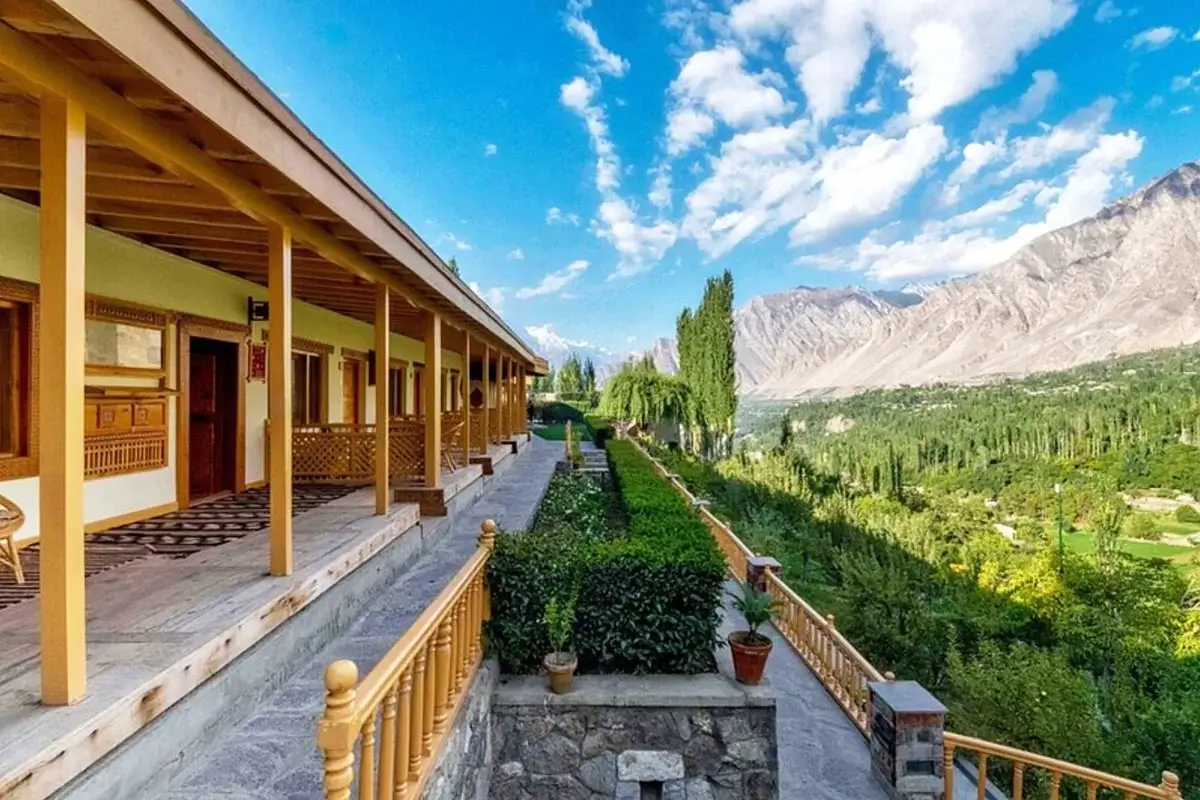 Hotel terrace in Karimabad facing Rakaposhi, Hunza Valley