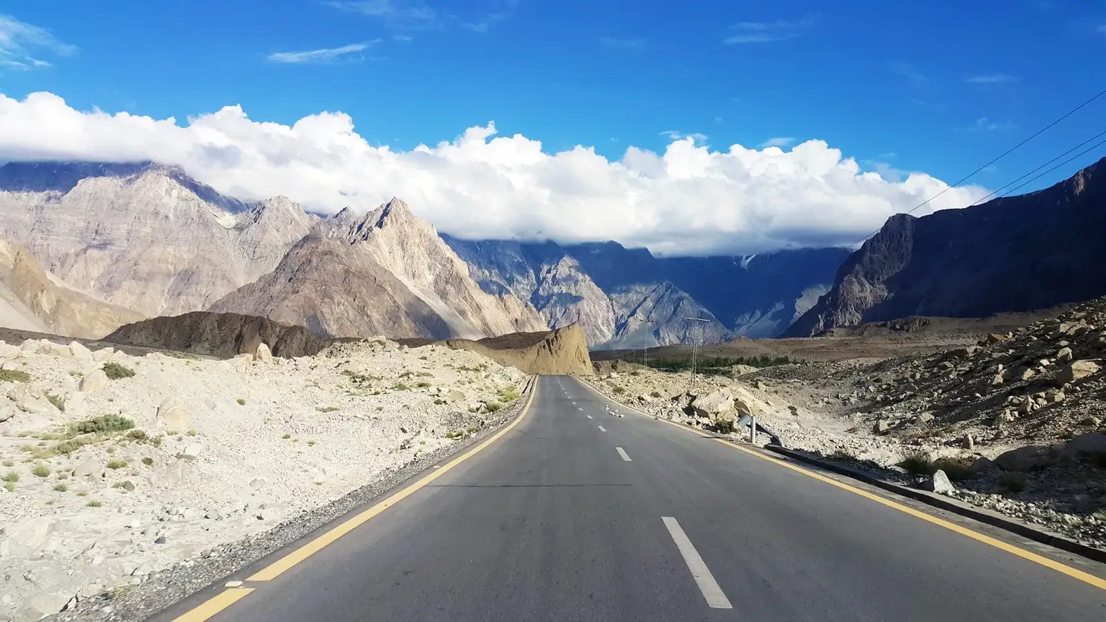 Karakoram Highway curving below Passu Cones, Gojal, Gilgit-Baltistan