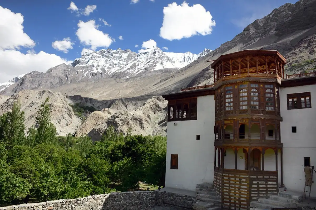 Khaplu Palace with Karakoram peaks behind, Ghanche district, Baltistan