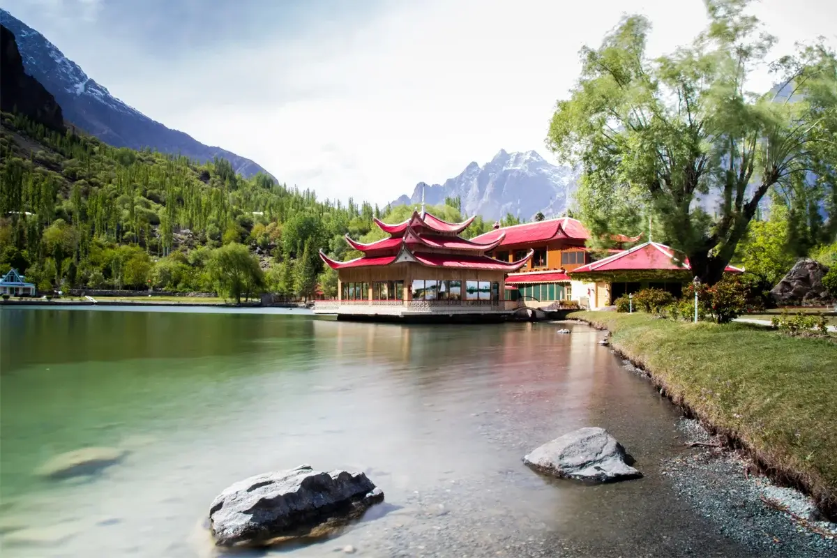 Lower Kachura Lake surrounded by poplar trees at Shangrila Resort, Skardu