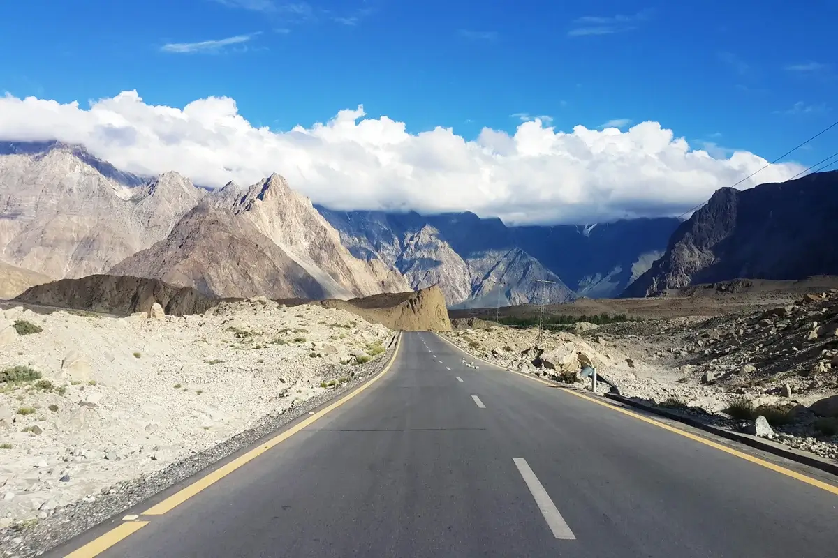 Passu Cones serrated ridgeline at sunrise from the Karakoram Highway