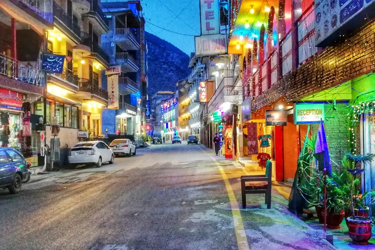 Riverside guest houses and bazaar in Bahrain town, Swat Valley
