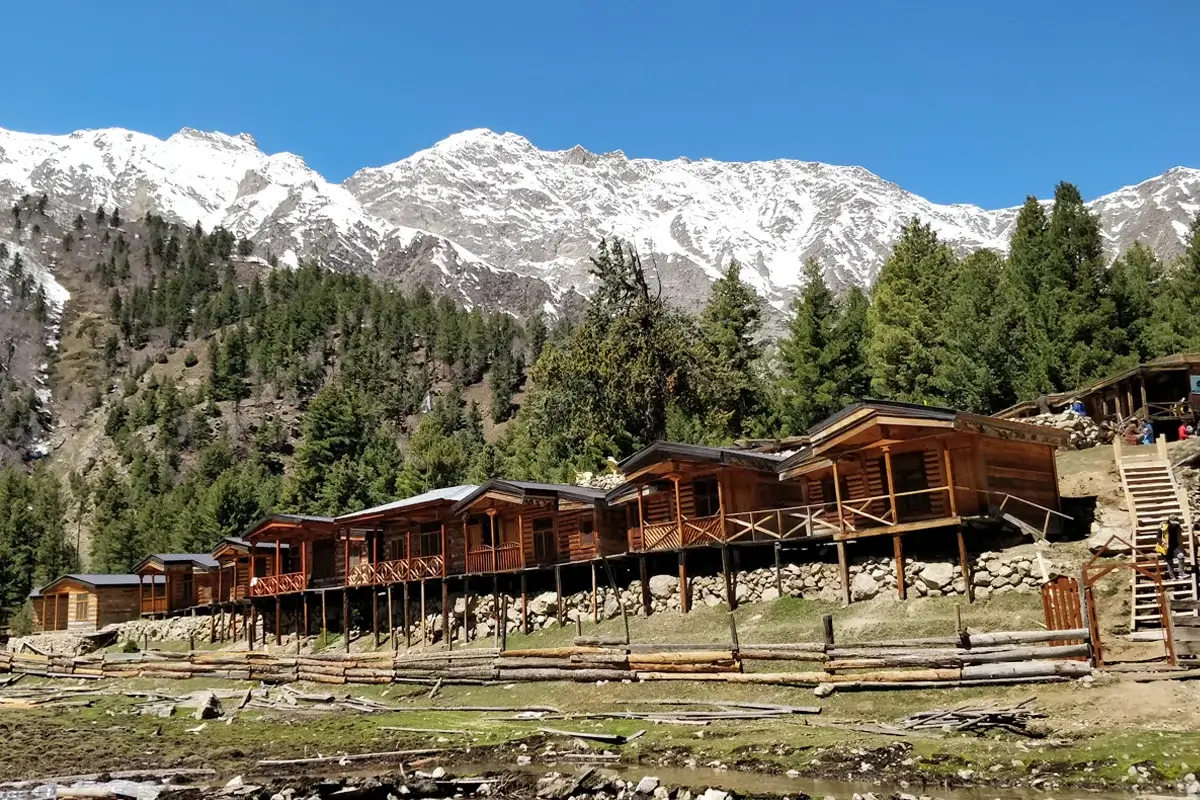 Wooden huts and cottages at Fairy Meadows with pine forest behind