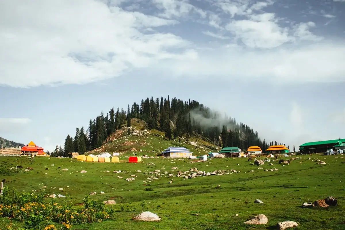 Wooden shepherd huts on Jahaz Banda meadow at 3,100 metres, Upper Dir