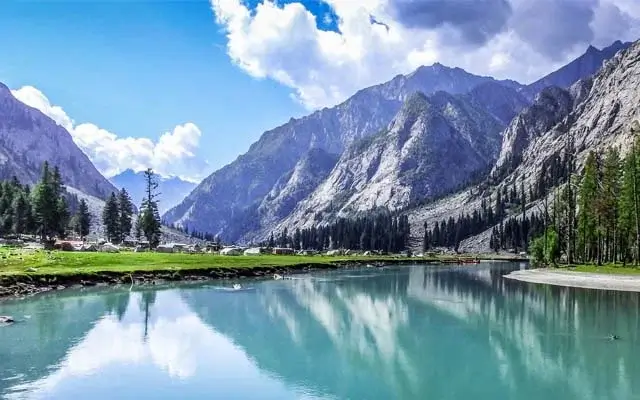 Mahodand Lake with pine forest and mountains behind, upper Swat Valley