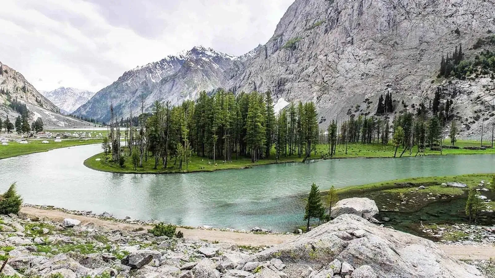 Mahodand Lake with pine forest and mountains behind, upper Swat Valley