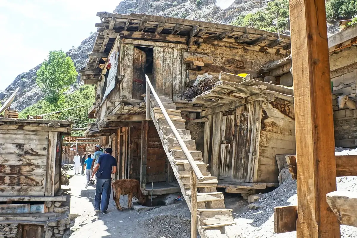 Traditional Kalasha wooden houses built into the hillside, Rumbur valley